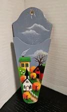 Wooden Hand Painted Wall Scissors Holder. Vintage. Rural Scene, Farm, Church,...