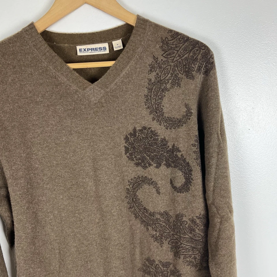Vintage Express Brown LambsWool Sweater sz M Paisley Relaxed Fit Grunge Y2K 90s - Image 2 of 4