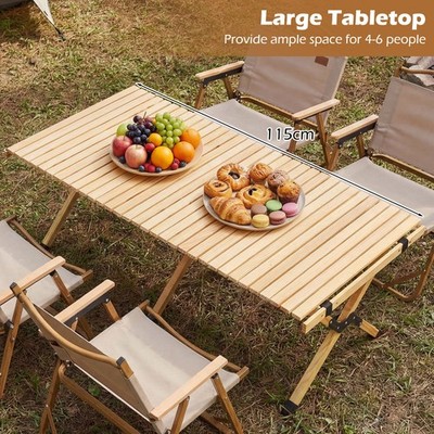 Folding Camping Table, Portable Roll-Up Pine Wood Picnic Table
