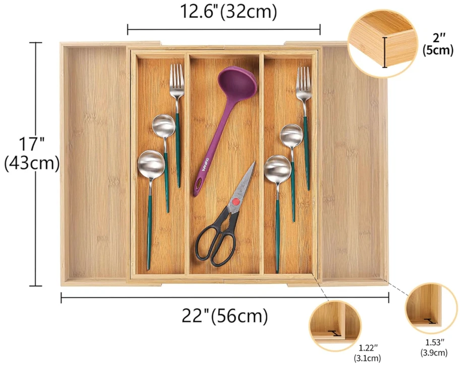 Бамбуковый расширяемый органайзер выдвижного ящика, регулируемый держатель для столовых приборов и посуды, 5 слотов - Изображение 3 из 4