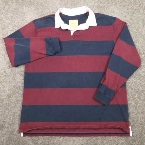 LL Bean Polo Shirt Mens 2XL Red Blue Rugby Striped Long Sleeve Preppy Heavy