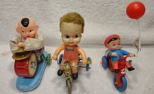 Vtg Lot Of 3 Wind Up Metal, Plastic  Cloth Toys Oriental Boy  Girl Need TLC 