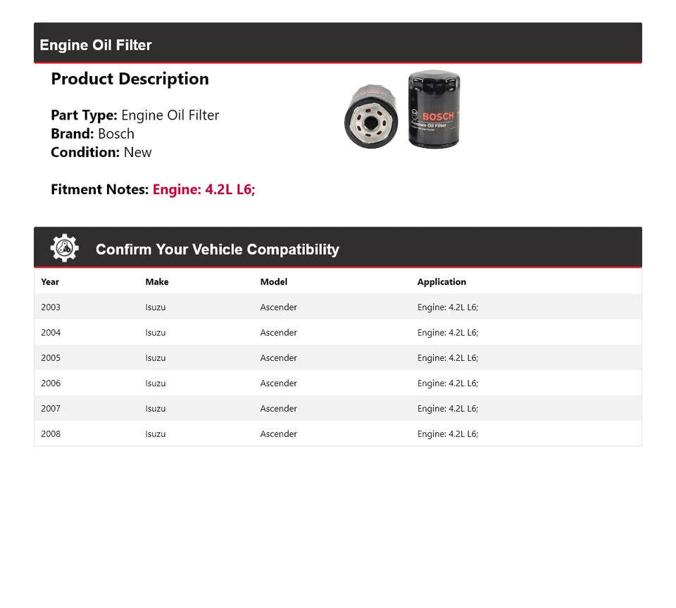 Filtro de aceite premium Bosch para Isuzu Ascender 2003-2008 4,2 L L6 2004 2005 2006 Foto 2 de 3