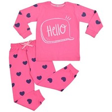 Kids Girls Hello Pyjamas Children Pink PJS 2 Piece Cotton Set Lounge Suit 2-13Yr