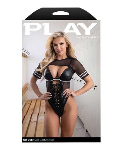 PLAY GO DEEP LACE UP WET LOOK FOOTBALL BODYSUIT WITH MESH JERSEY SHRUG - Picture 4 of 4