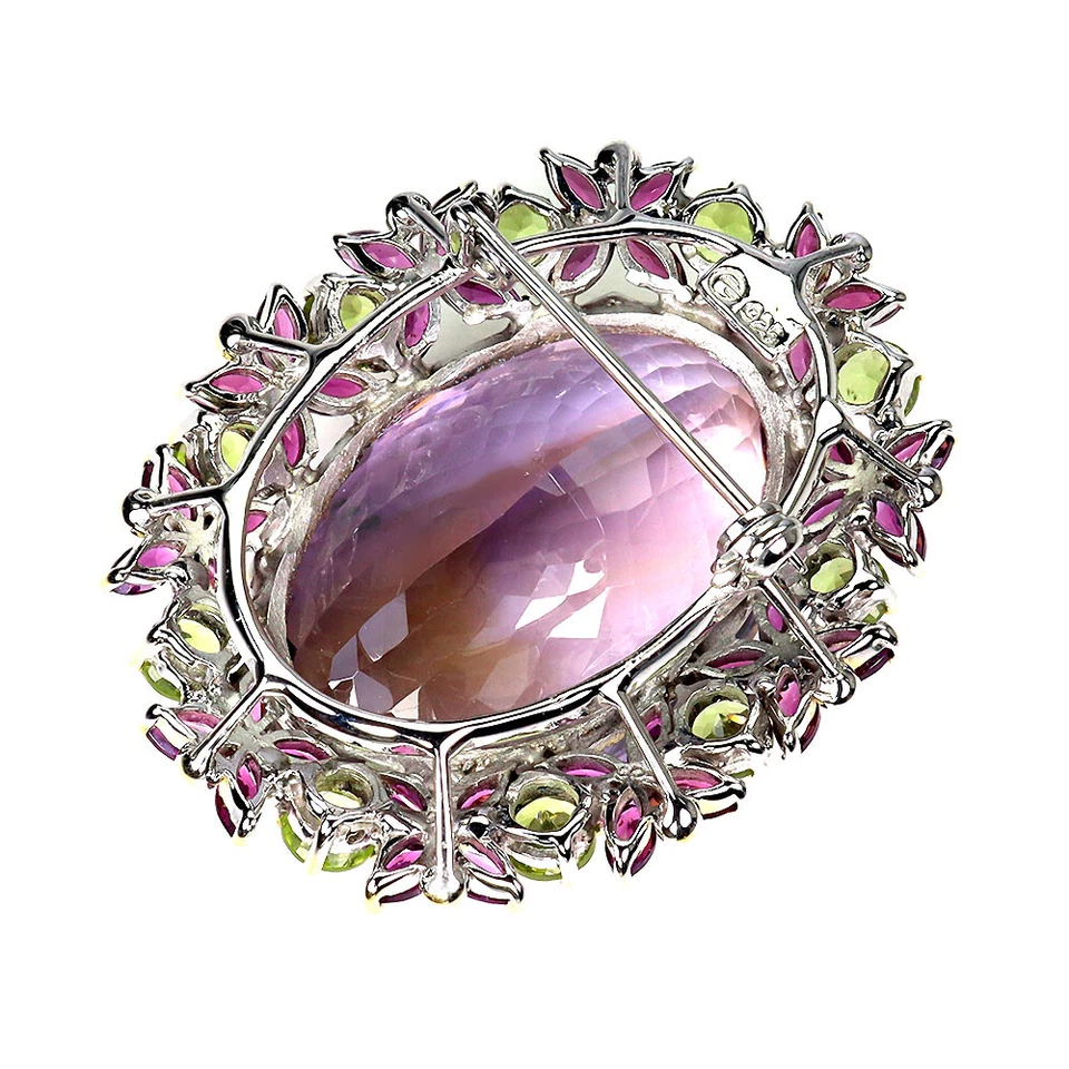 Valentine 925 Argento Spilla Ovale Ametrino 107ct Peridoto Gemma Fatto a Mano - Immagine 2 di 4