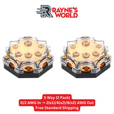 2 PACK 5 Way Distribution Block 0-4 AWG In, 2-10 AWG Out for Power or Ground