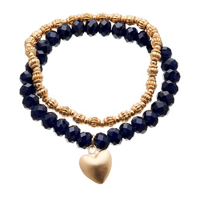 Set aus zwei Armband matt gold Perlen und marineblau mit Herzanhänger - Yori B20-28