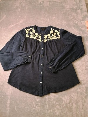 Lucky Brand Blouse Womens Small Blue Embroidered Floral Button Front Boho Top