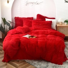 5 PCS Shaggy Duvet Cover Bedding Set - Long Faux Fur Luxury Ultra Soft Red,