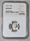 1917 P MERCURY DIME 90% SILVER CERTIFIED NGC MS 64 FB MS64FB PHILADELPHIA MINT