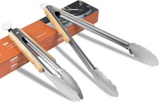 Stainless Steel Kitchen Tongs with Oak Wood Handle - Heat Silver And