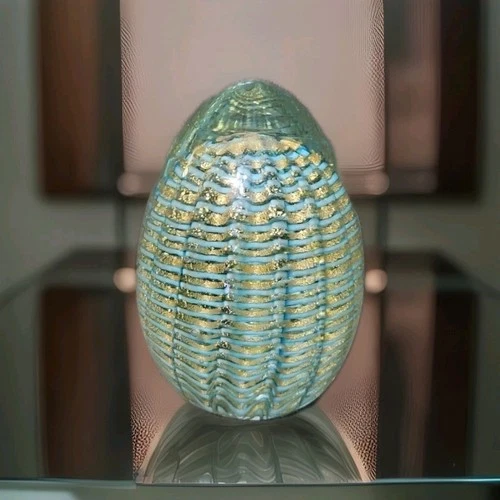 VTG Murano Barovier Toso Signed  Light Blue Gold Blown Glass Paperweight EUC