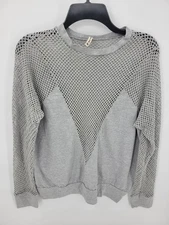 Emma and Sam Top Womens Medium Open Knitted Gray Mesh Mixed Media Pullover
