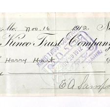 1912 Kineo Trust Company Bank Check E.A. Sampson Dover Maine Signed 1001 CHX3
