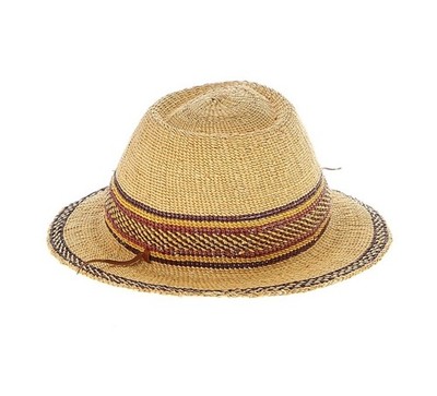 African Bolga Woven Straw Hat Short Brim Leather Chin Strap 