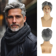 Mens Grey Wigs Short Layered Natural Cosplay Costume Halloween