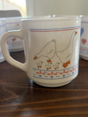 Vintage Arcopal milk glass coffee mug “Hearts 'N Geese" duck pattern
