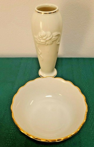 LOT: Lenox Flower Bud Vase & Bowl Rose Theme Cream colored with 24K Gold Accent - Picture 3 of 6
