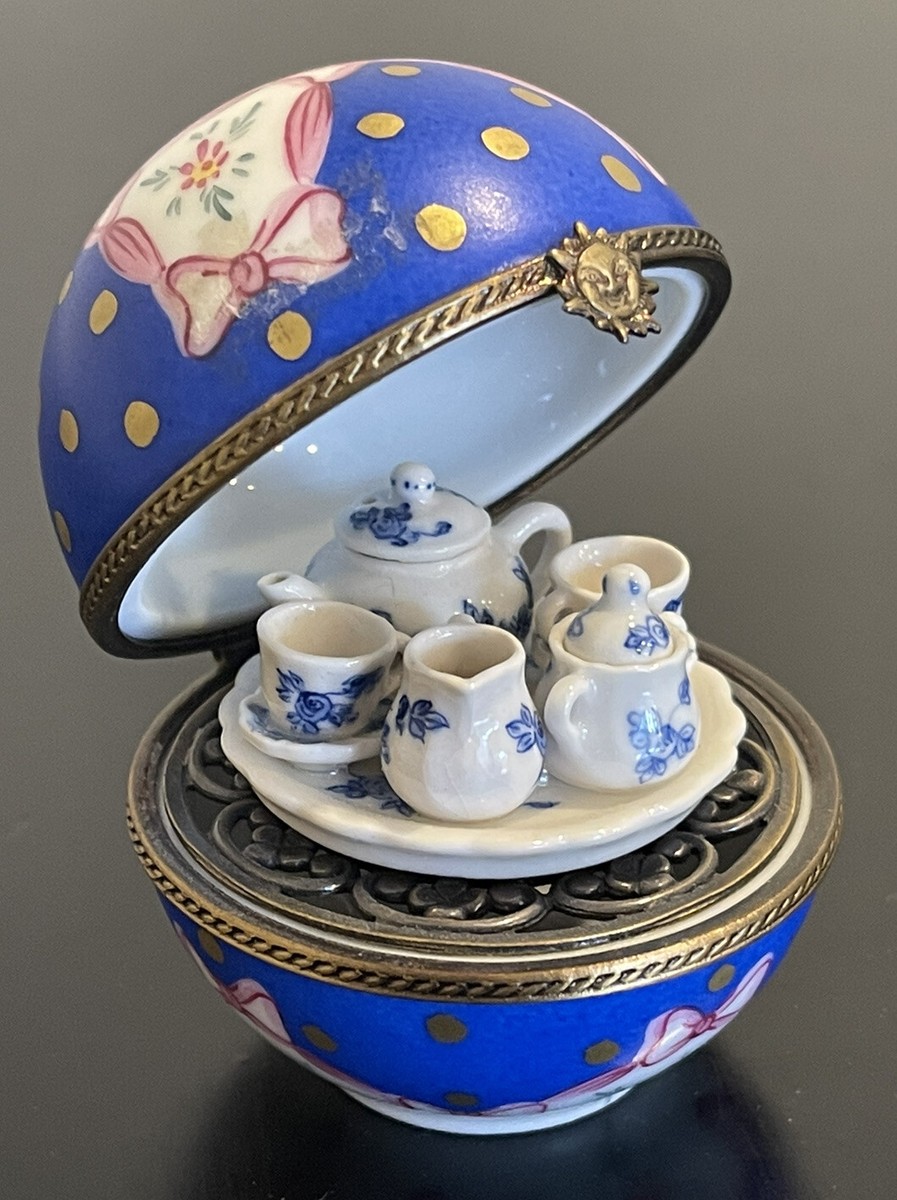 Limoges France Porcelain Orb Shaped Trinket Box with Miniature Tea