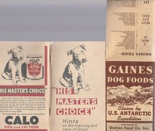 2 VINTAGE PET FOOD BROCHURES-GAINES AND CALO ("HIS MASTER'S CHOICE")