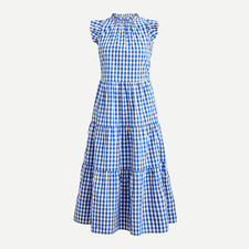 NWT J.Crew Tiered Ruffle-Sleeve Midi in Sapphire Gingham Cotton Dress S