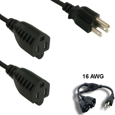 Kentek 6' ft 16 AWG Power Splitter Cord NEMA 5-15P to 2x 5-15R 13A