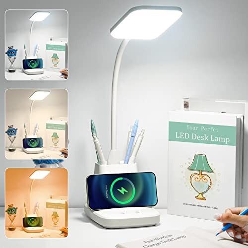 Desk Lamp with Wireless Charger, LED Desk Lamps for Home Office Square White