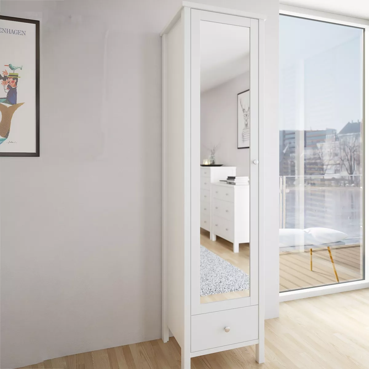 Narrow Single 1 Door Wardrobe With Mirror Storage Drawer Hanging Clothes Rail