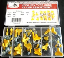 26pc GOLIATH INDUSTRIAL KTHC26 KEY TYPE STEEL HOSE CLAMP ASSORTMENT TWIST KNOB