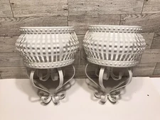 2 Vintage Homco Chic Shabby White Metal Wall Pocket Planter Sconces