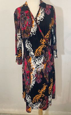 Essential by Milano boho Style Overprinted Belted V-neck Sleeve 3/4 Dress Sz  M
