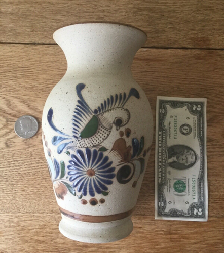 Mexican Folk Art Pottery Sand Stone Handmade Enameled Bird Flower Vase 8" - Picture 7 of 8