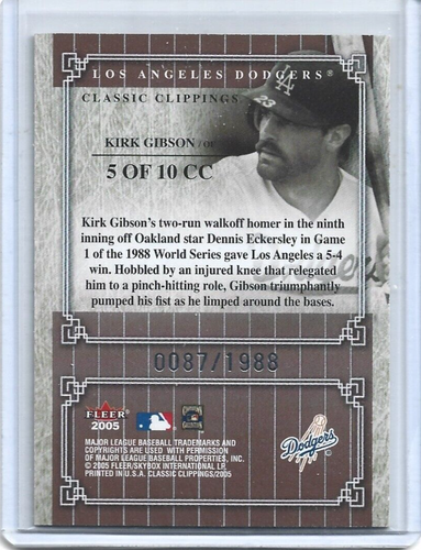 Kirk Gibson-Dodgers-2005 Classic Clippings Official Box Score #5 (87/1988) - Picture 2 of 2