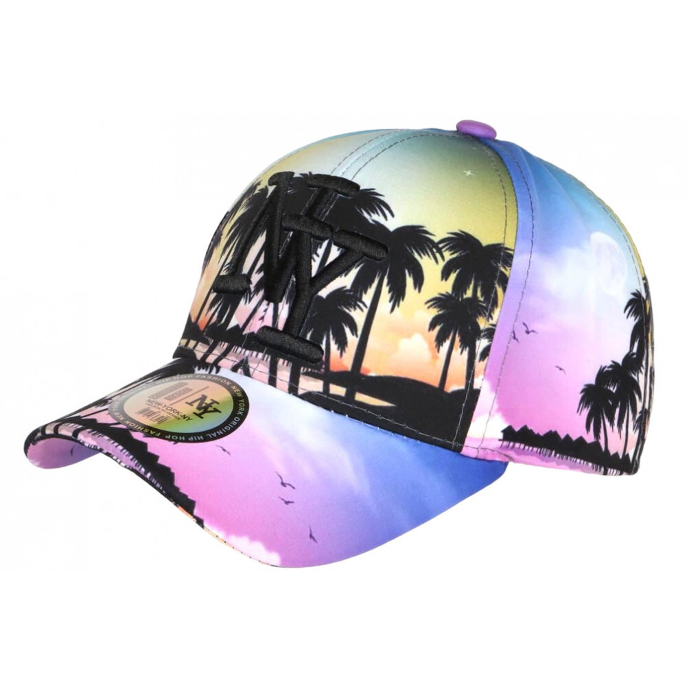 Casquette Baseball Miami Tropicale - Bleu Et Rose, Palmiers, Sunset, Taille Unique