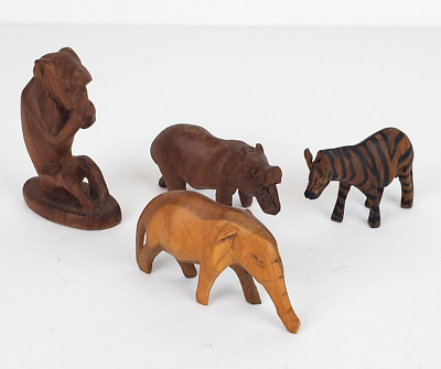 Vintage Hand Carved Wooden Animals Lot Of 4 Hippo, Elephant, Zebra  display picture 1