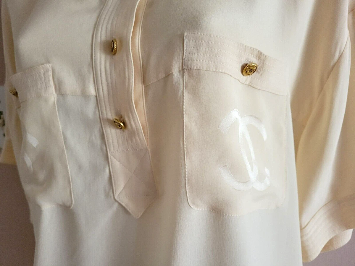 Rare 1990s Chanel Striped Button Up Dress Shirt