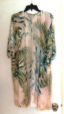CHICOS Tropical DUSTER CARDIGAN Palm Leaves Floral Tan Green Blue PRETTY! S / M