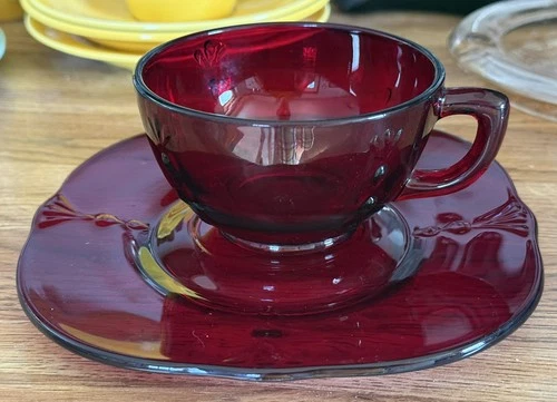 1930s Elegant Paden City Ruby Red Depression Glass Crow’s Foot Cup & Saucer