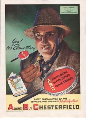 basil cigarettes Chesterfield 1946 Vintage Print Ad Cigarettes Basil Rathbone Sherlock  Holmes