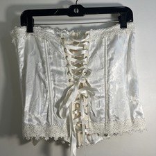 NWOT Vtg Shirley of Hollywood Corset n Thong Set Satin Cream Floral Lace Sz 36