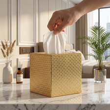 Gold Tissue Box Cover Square PU Leather Holder Bathroom Countertop Home Decor