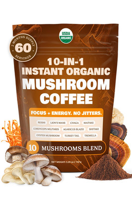10-In-1 USDA Certified Organic Mushroom Coffee Instant, Instant Mushroom Coffee