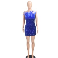 LATEST DESIGN Blue Beaded Sequin Feather Trim Mini Evening Dress UK Size 8