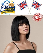 Short Straight Bob Wig Black Fringe 14 Inch Shoulder Length Heat Resistant