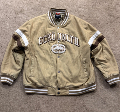 Vintage Ecko UNLTD Wool Varsity Bomber Jacket Tan Size 2XL Y2K Rare