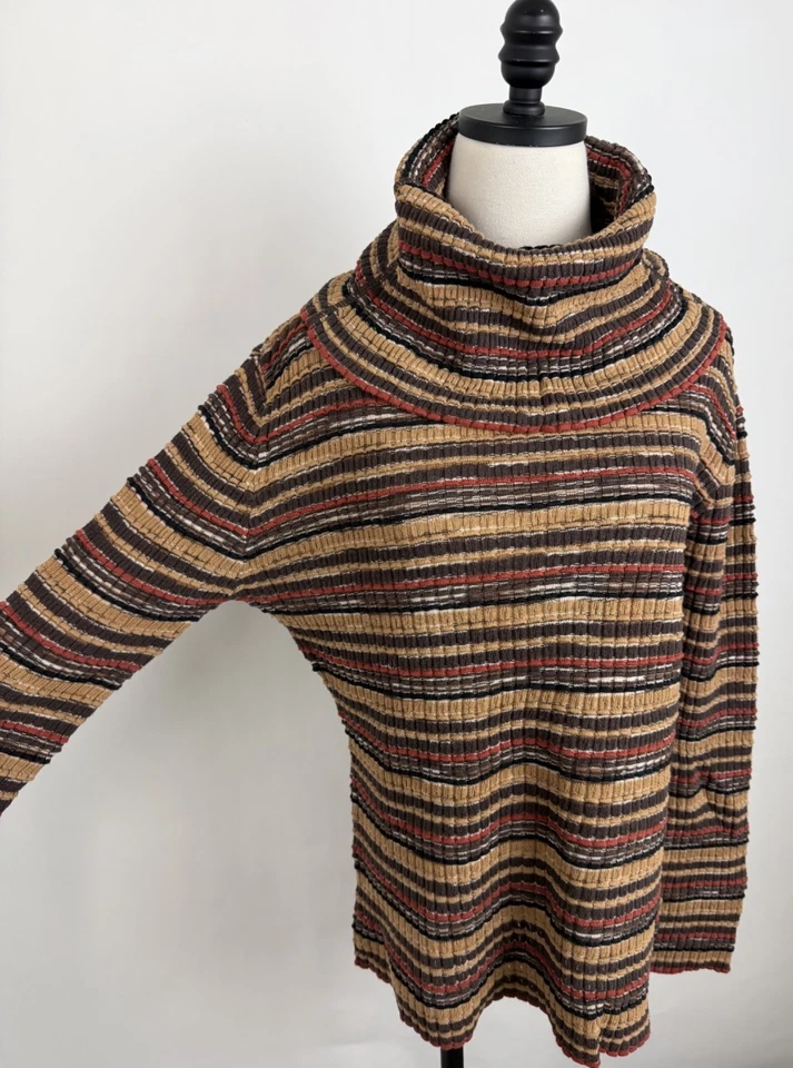 Suéter Vintage Y2K Cuello Capucha Mujer Grande/XL Marrón Tostado Rayas Tono Tierra Boho Foto 3 de 4