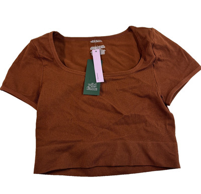 Wild Fable Women's Short Sleeve Square Neck Fitted Seamless T-Shirt Brown Large