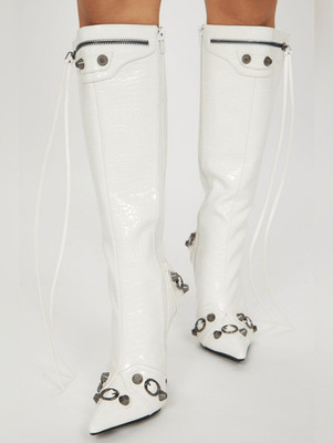 (D-4834) Women's White Knee - High Pointed Stiletto Boots Sz 8