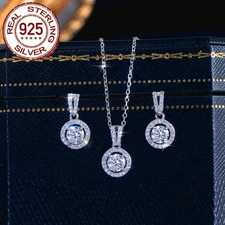 Lady Stunning Round Cubic Zirconia Necklace Earrings Sterling Silver Jewelry Set
